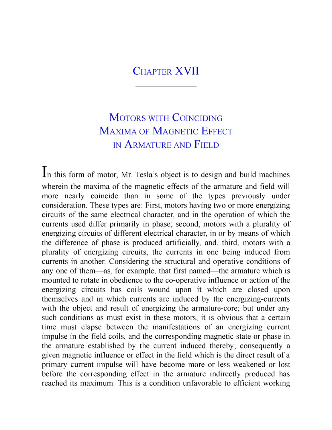 ﻿Chapter XVII: Motors with Coinciding Maxima of Magnetic Effect in Armature and Fiel