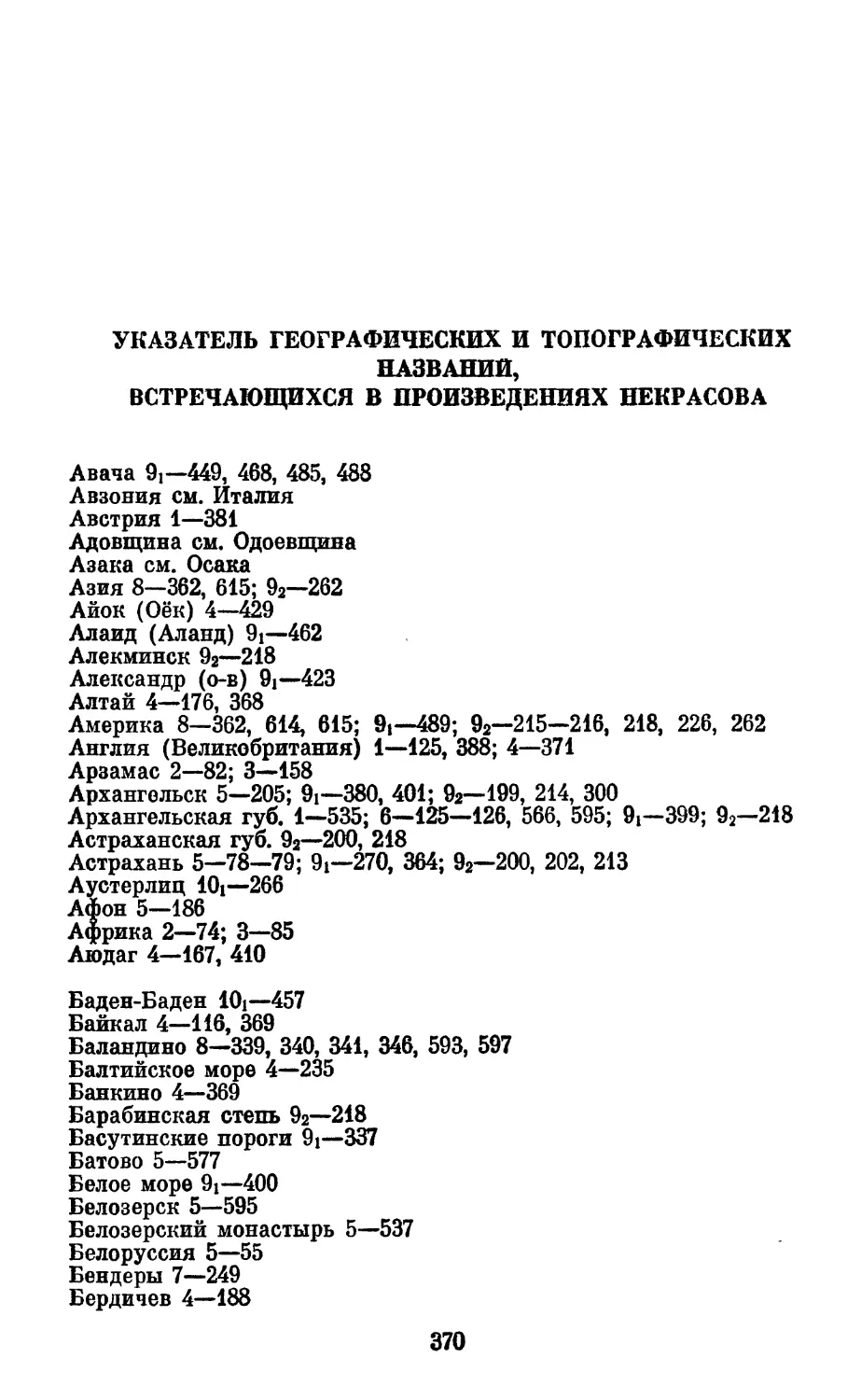 Указатель географических и топографических названий, встречающихся в произведениях Некрасова