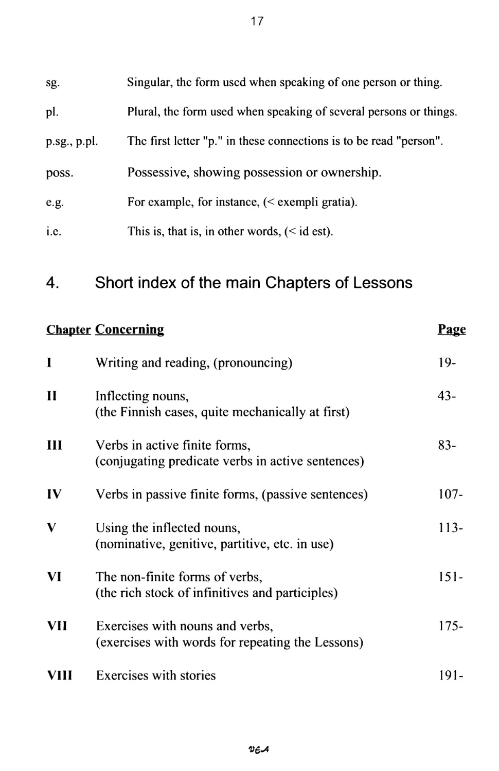 4. Short index of the main Chapters of Lessons