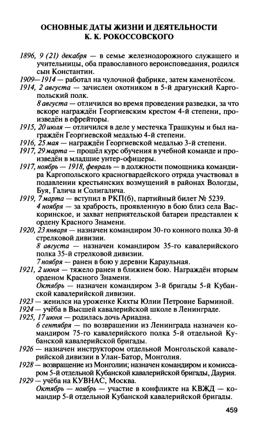 Основные даты жизни и деятельности К. К. Рокоссовского