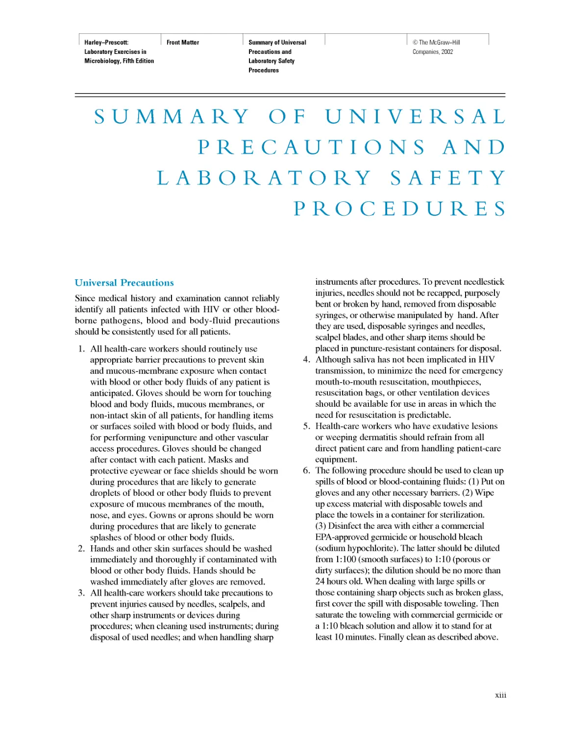 Summary of Universal Precautions and Laboratory Safety Procedures