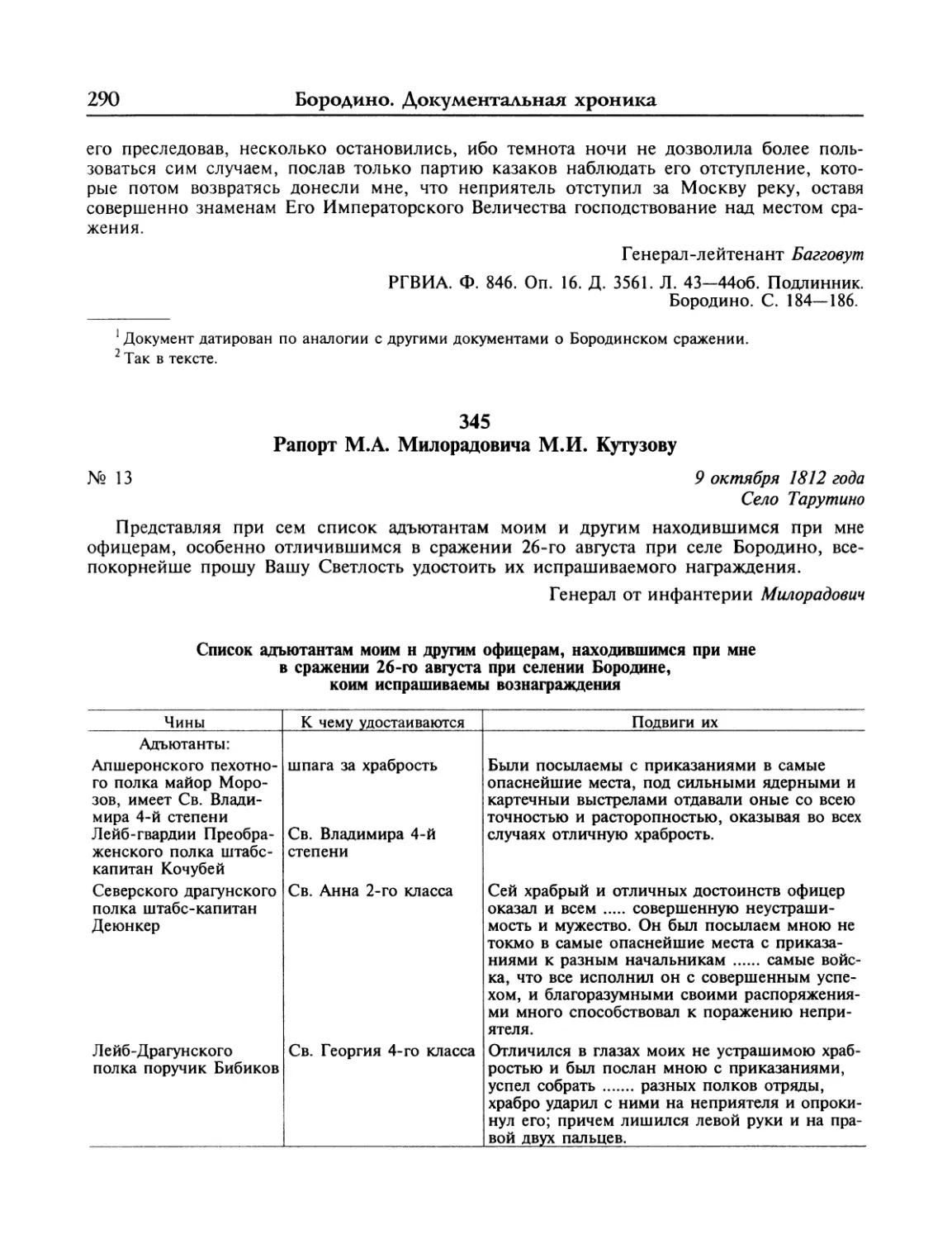 Рапорт М.А.Милорадовича М.И.Кутузову