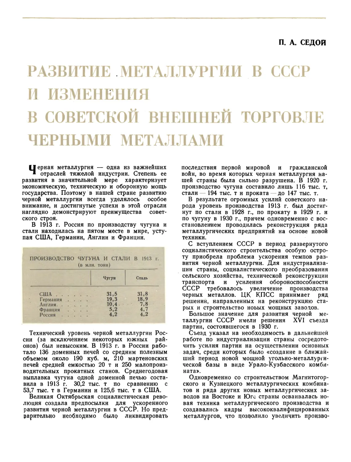 П. А. СЕДОЙ Председатель В,О «Промсырьеимпорт» Развитие металлургии в СССР и изменения в советской внешней торговле черными металлами