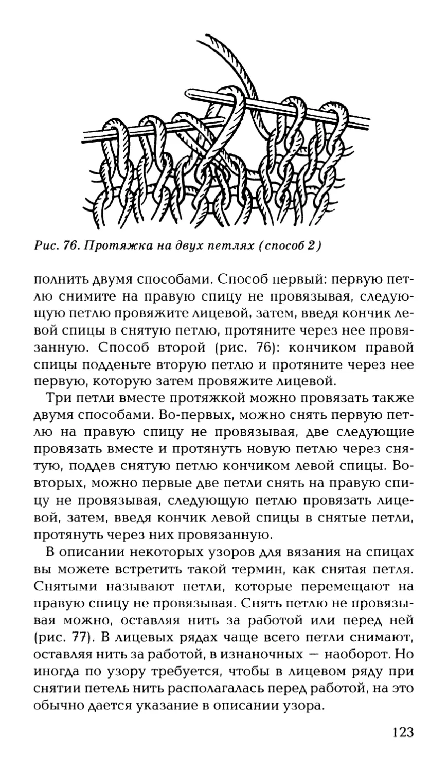 Протянуть петлю через снятую петлю. Снятые петли протянуть через провязанную. Протянуть снятую петлю через провязанную. Провязывать первую петлю лицевой.