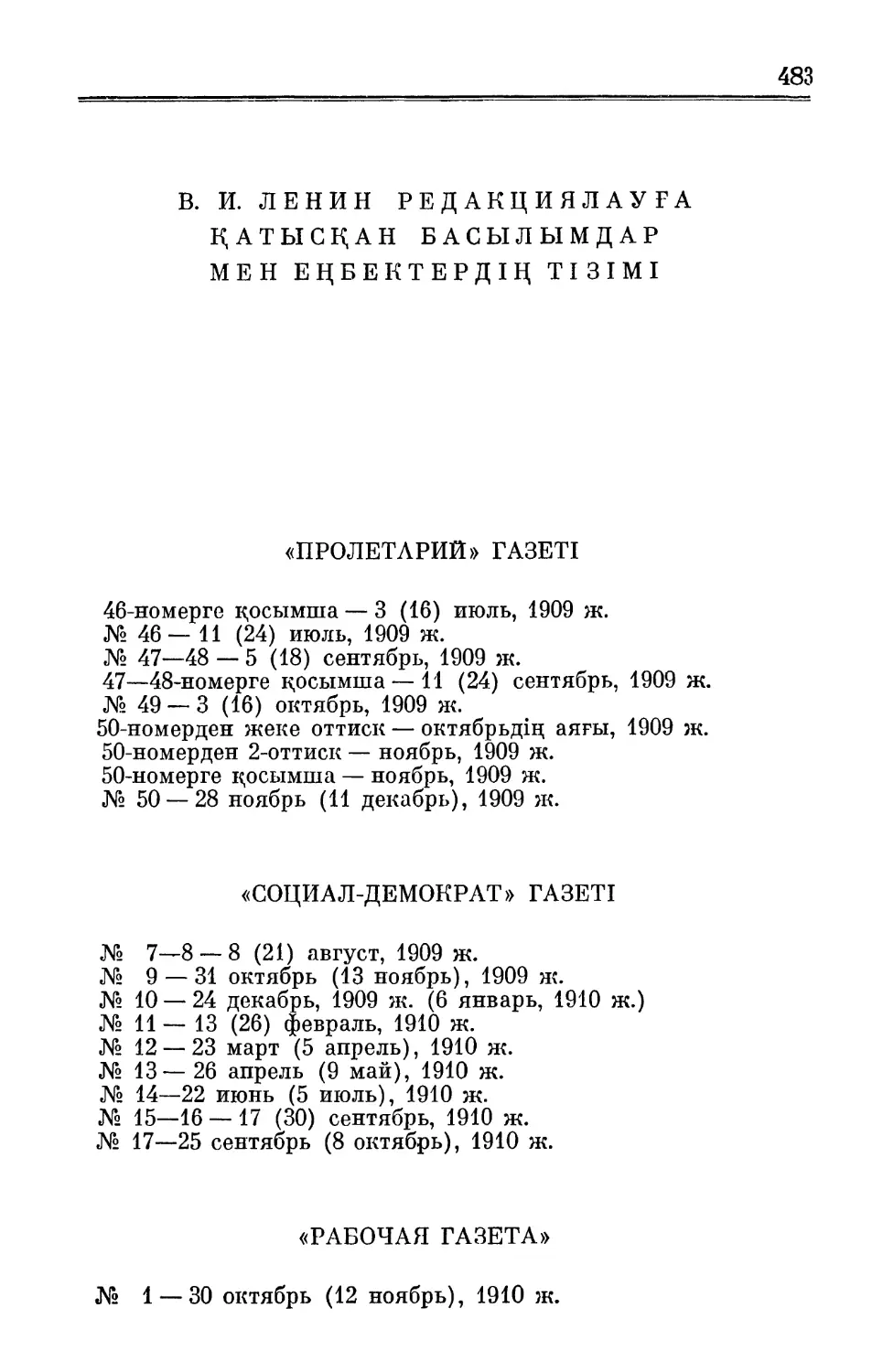 В. И. Ленин редакциялауға қатысқан басылымдар мен еңбектердің тізімі