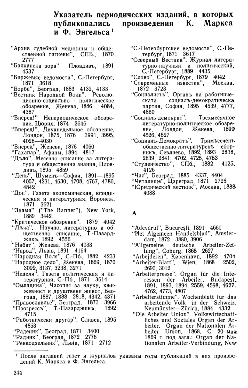 Указатель периодических изданий, в которых публиковались произведения К. Маркса и Ф. Энгельса