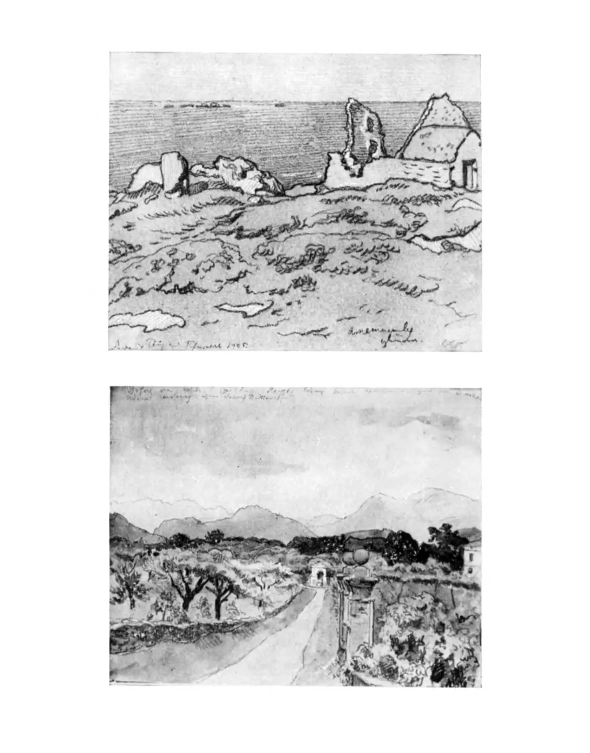 Примель. Берег. Рисунок А. Н. Бенуа; Лугано. Дорога к часовне Жилярди. Акварель А. Н. Бенуа