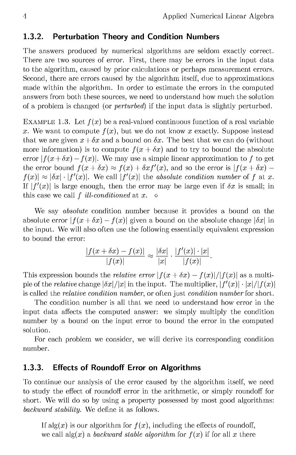 1.3.2 Perturbation Theory and Condition Numbers
1.3.3 Effects of Roundoff Error on Algorithms