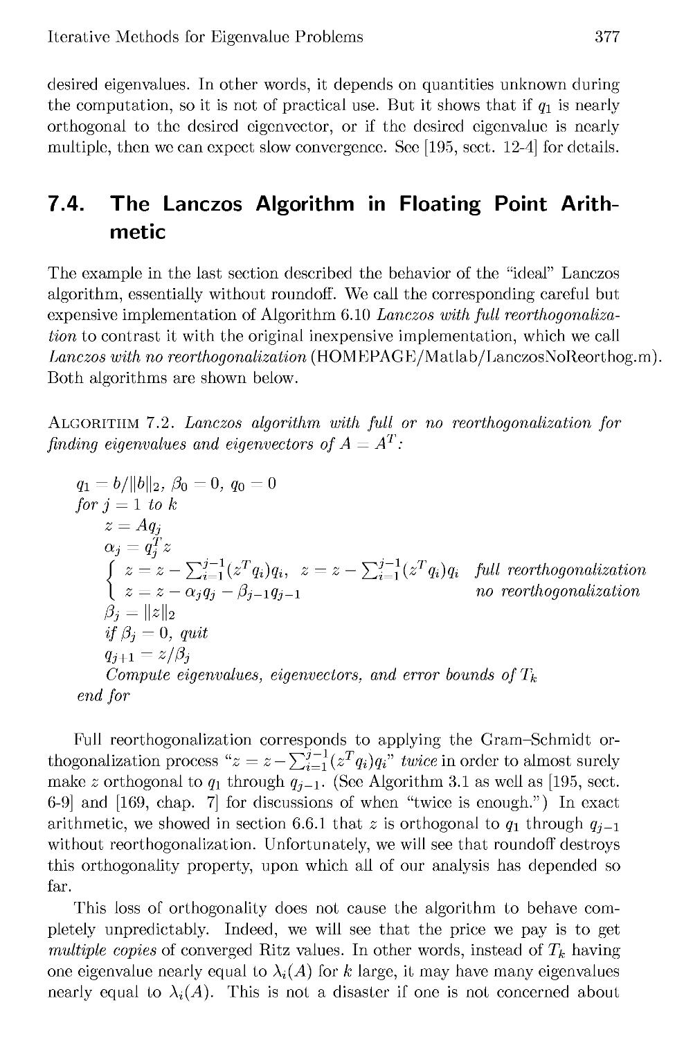 7.4 The Lanczos Algorithm in Floating Point Arithmetic