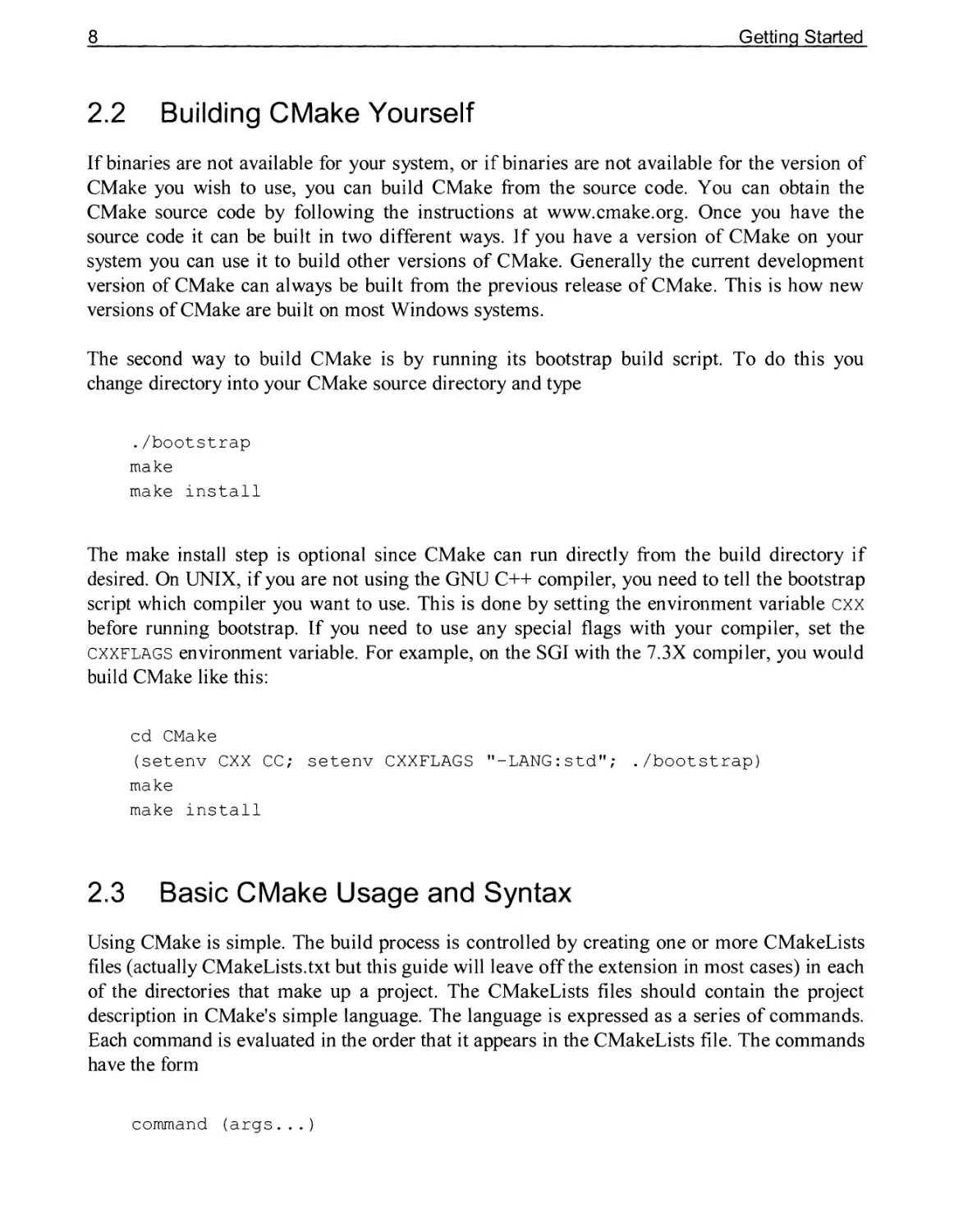 2.2 Building CMake Yourself
2.3 Basic CMake Usage and Syntax