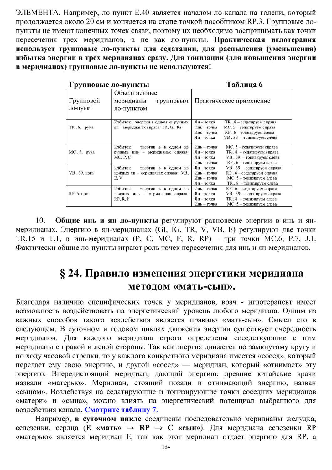 ло-пункт
Объединённые меридианы групповым ло-пунктом
Практическое применение
TR . 8,   рука
Избыток   энергии в одном из ручных ян – меридианах справа: TR, GI, IG
Ян – точка         TR . 8 – седатируем справа
Инь – точка      МС. 5 – седатируем справа
Инь – точка       RP . 6 – тонизируем слева
Ян – точка        VB . 39  – тонизируем слева
MC . 5,   рука
Избыток   энергии в в одном из ручных инь – меридианах справа:  MC, P, C
Инь – точка        МС. 5 – седатируем справа
Ян – точка          TR . 8  – седатируем справа
Ян – точка          VB . 39  – тонизируем слева
Инь – точка         RP . 6 – тонизируем слева
VB . 39, нога
Избыток   энергии в в одном из ножных ян – меридианах справа:  VB, E, V
Ян – точка          VB . 39  – седатируем справа
Инь – точка        RP . 6 – седатируем справа
Инь – точка         МС. 5 – тонизируем слева
Ян – точка           TR . 8  – тонизируем слева
RP. 6, нога
Избыток   энергии в в одном из ножных инь – меридианах справа:   RP, R, F
Инь – точка        RP . 6 – седатируем справа
Ян – точка          VB . 39  – седатируем справа
Ян – точка          TR . 8  – тонизируем слева
Инь – точка         МС. 5 – тонизируем слева