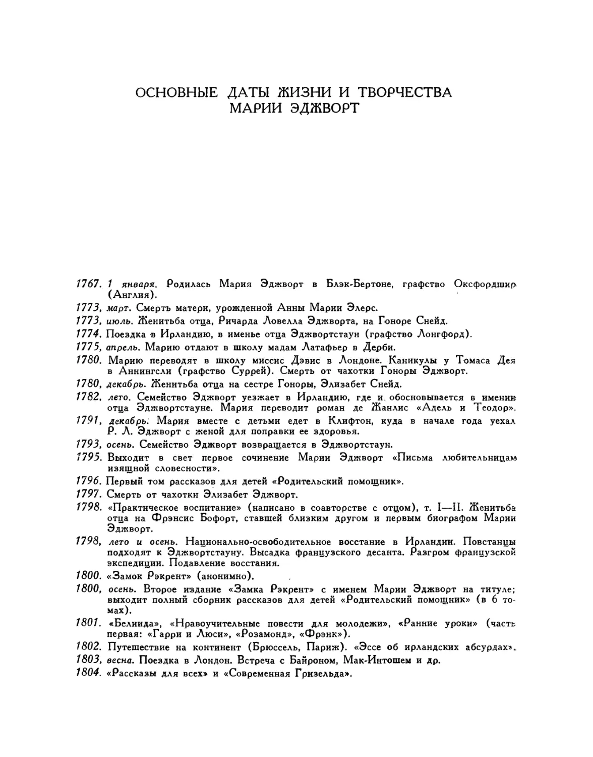 Основные даты жизни и творчества Марии Эджворт. Составитель Н. М. Демурова