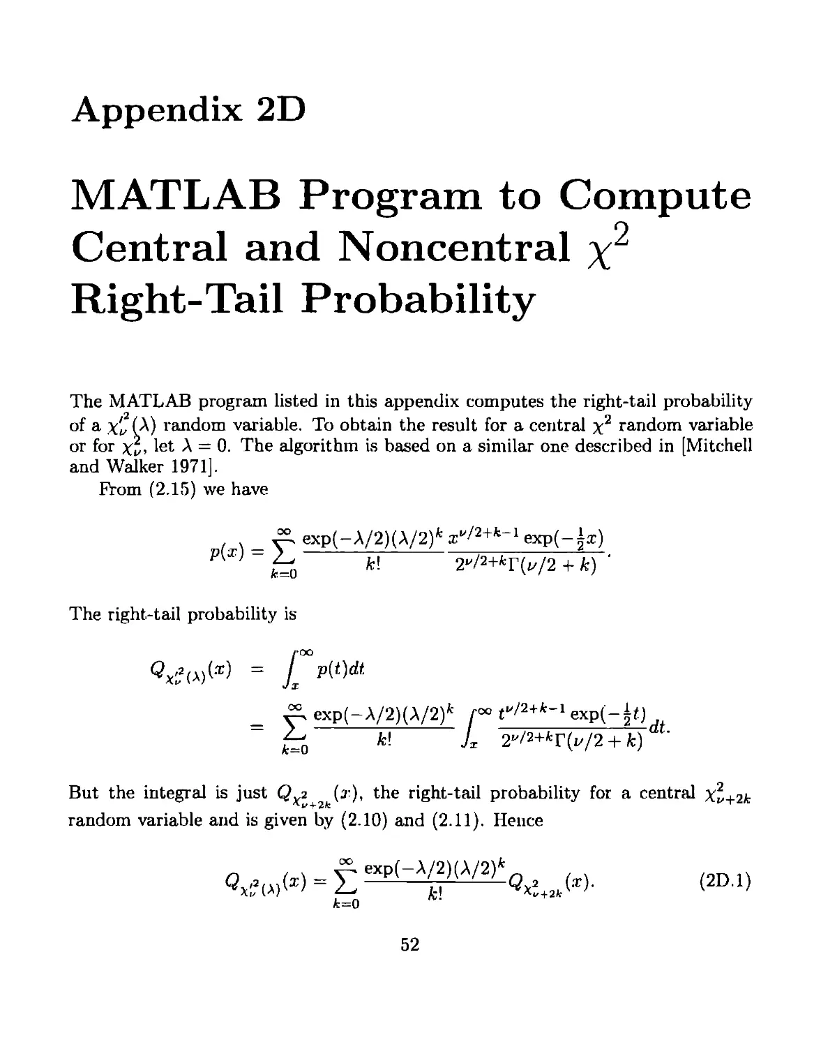 Appendix 2D MATLAB Program to Compute Central and Noncentral Chi-Square Right-Tail Probability