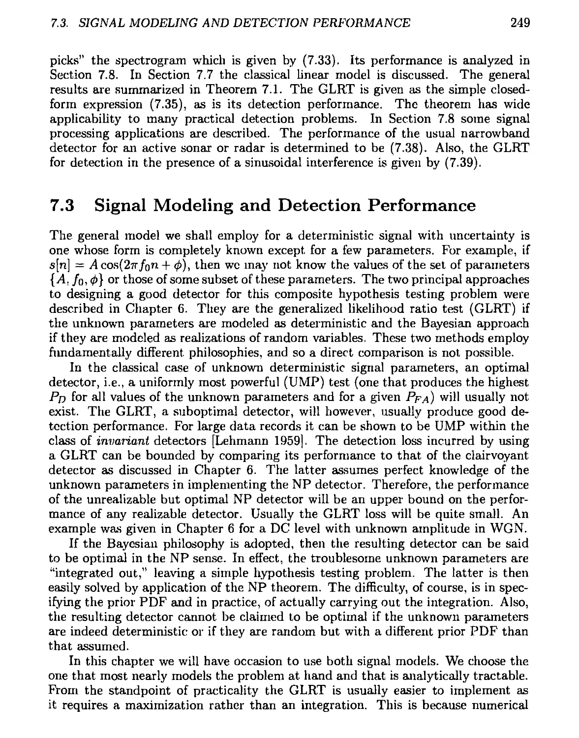 7.3 Signal Modeling and Detection Performance