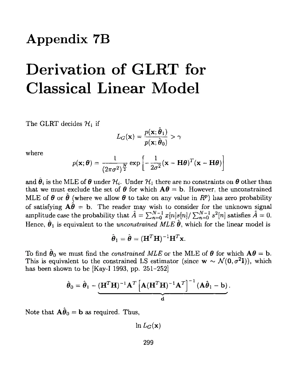 Appendix 7B Derivation of GLRT for Classical Linear Model