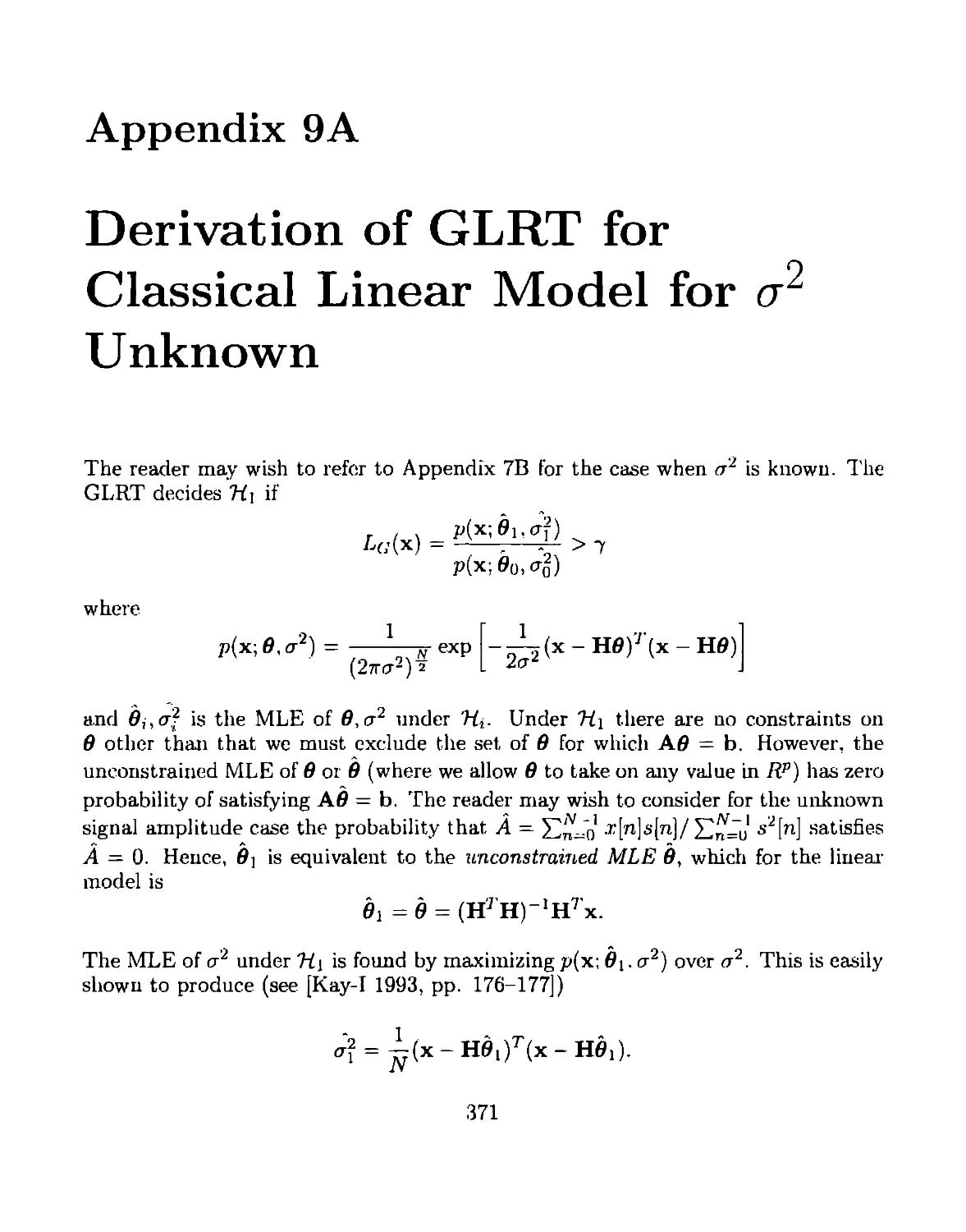 Appendix 9A Derivation of GLRT for Classical Linear Model for sigma-squared Unknown