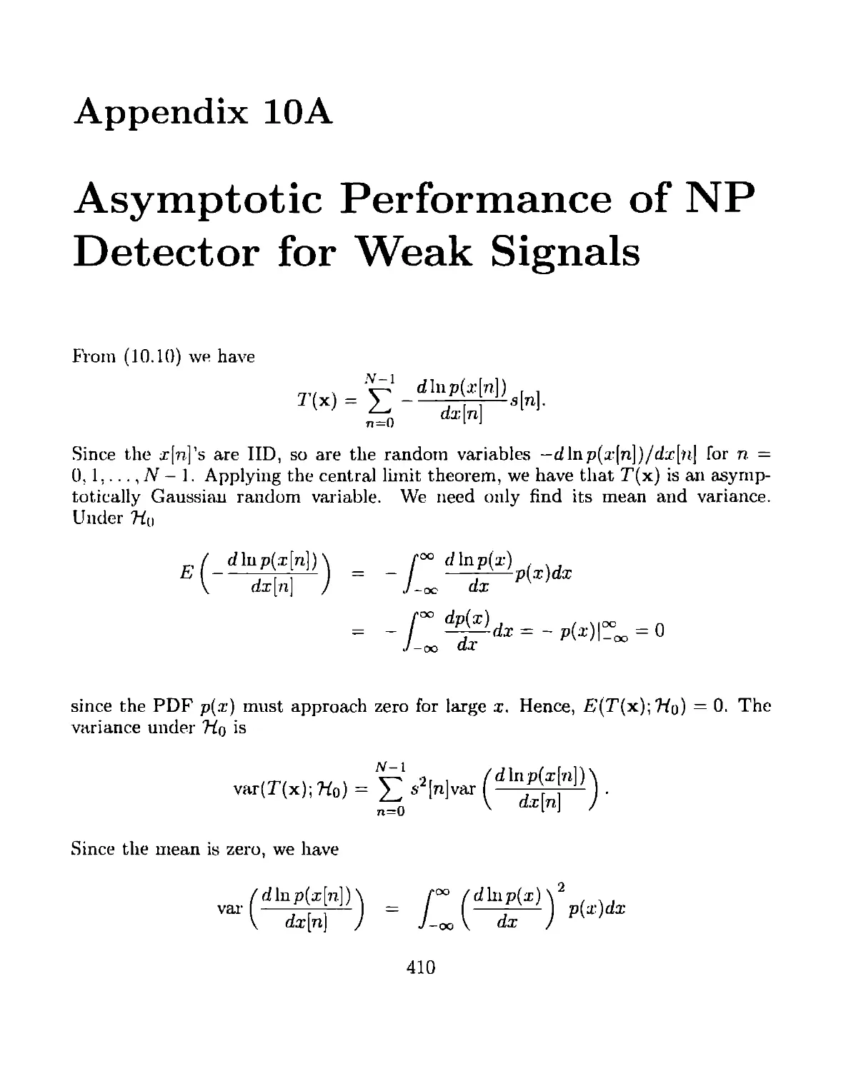 Appendix 10A Asymptotic Performance of NP Detector for Weak Signals