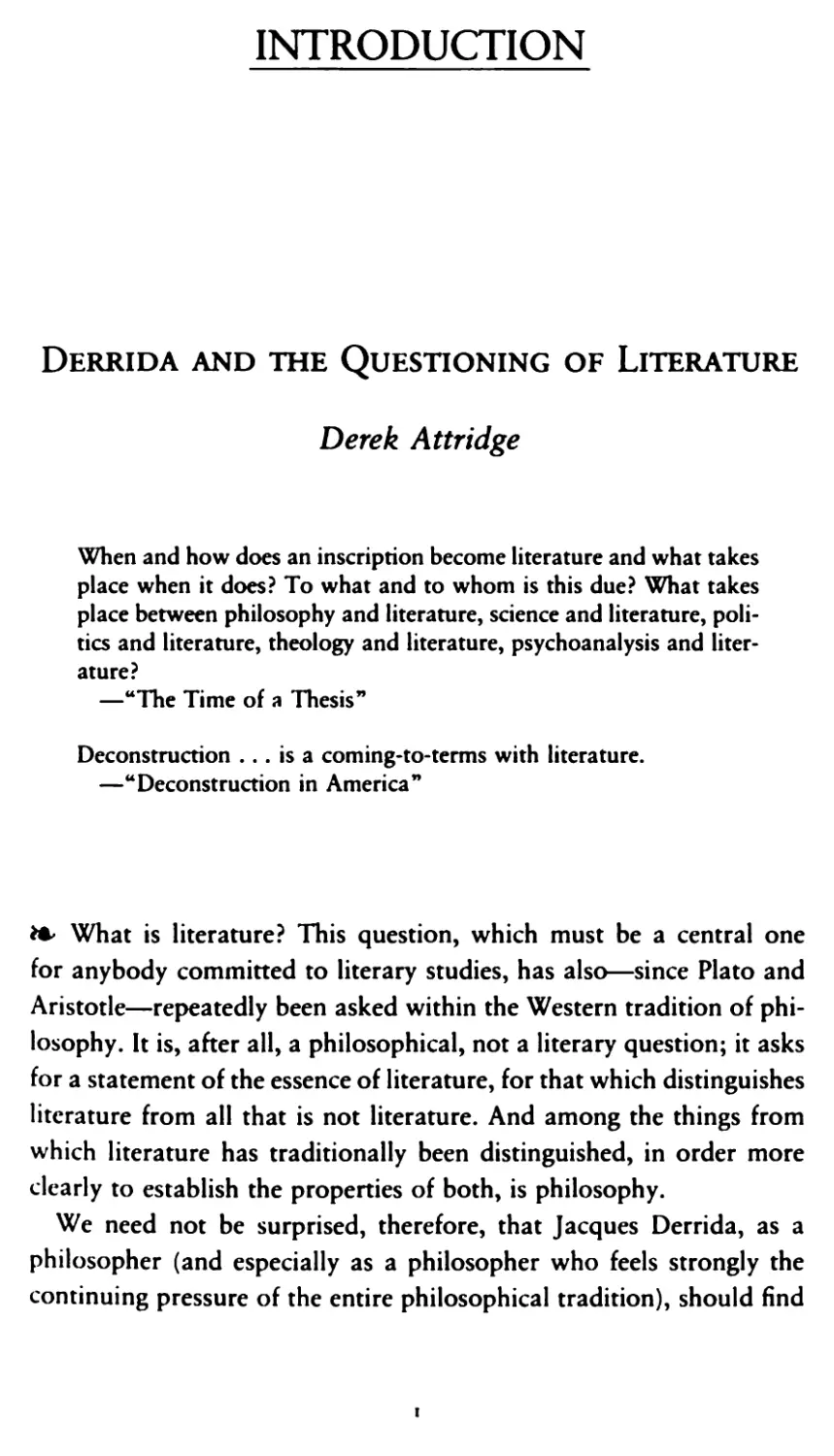 Introduction: Derrida and the Questioning of Literature, Derek Attridge