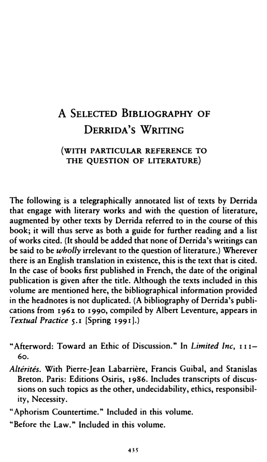 A Selected Bibliography of Derrida's Writing