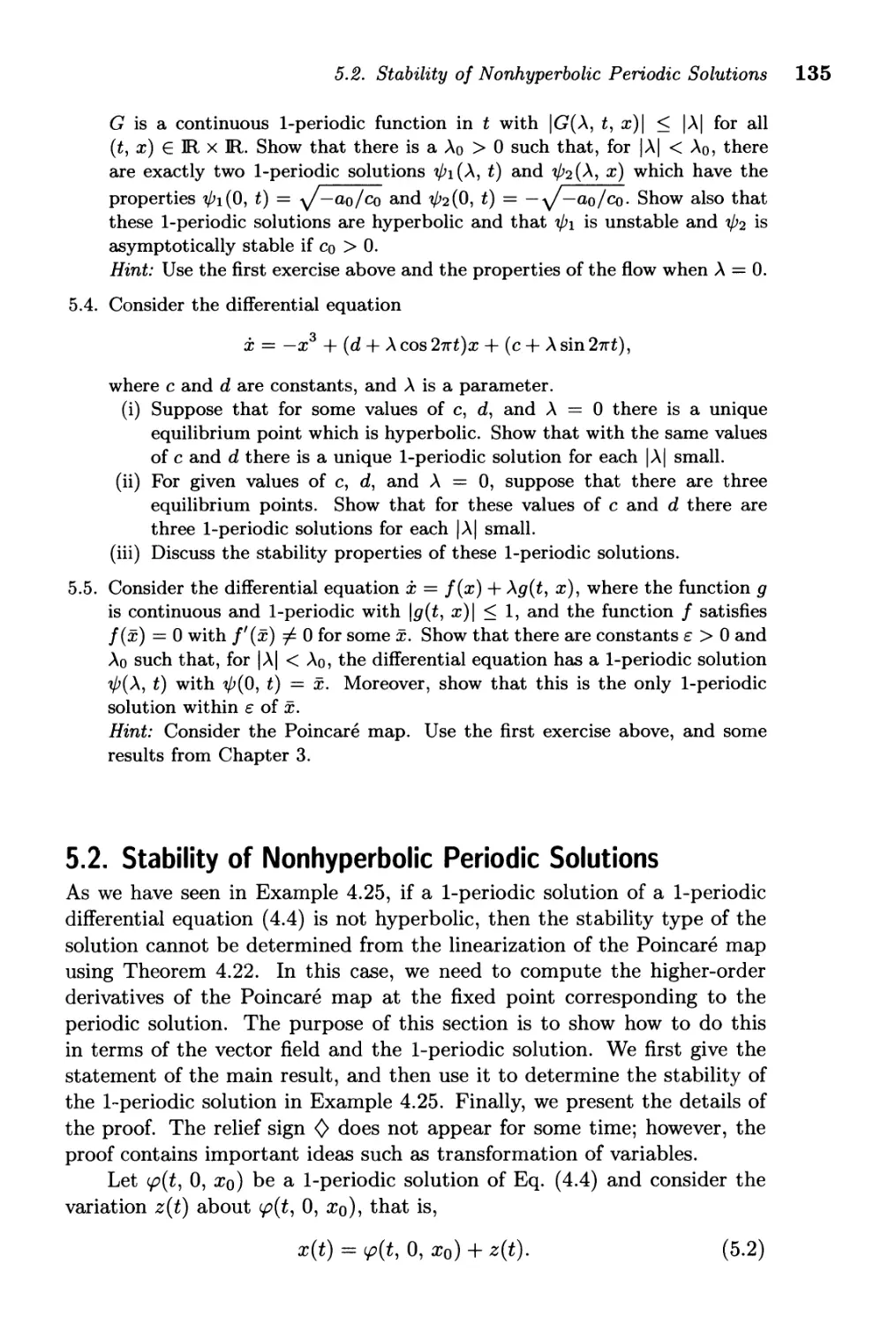 5.2. Stability of Nonhyperbolic Periodic Solutions