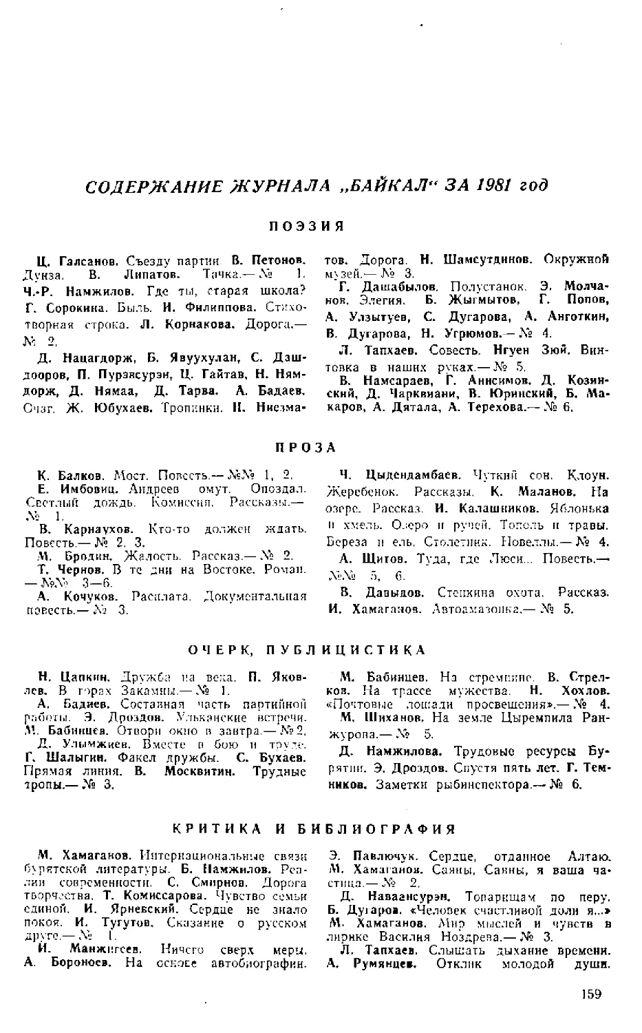 ﻿Содержание журнала Байкал за 1981 го
