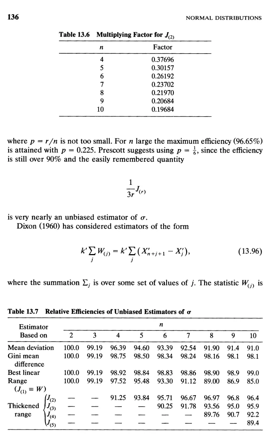 TABLE 13.7 Relative efficiencies of unbiased estimators of a 136
