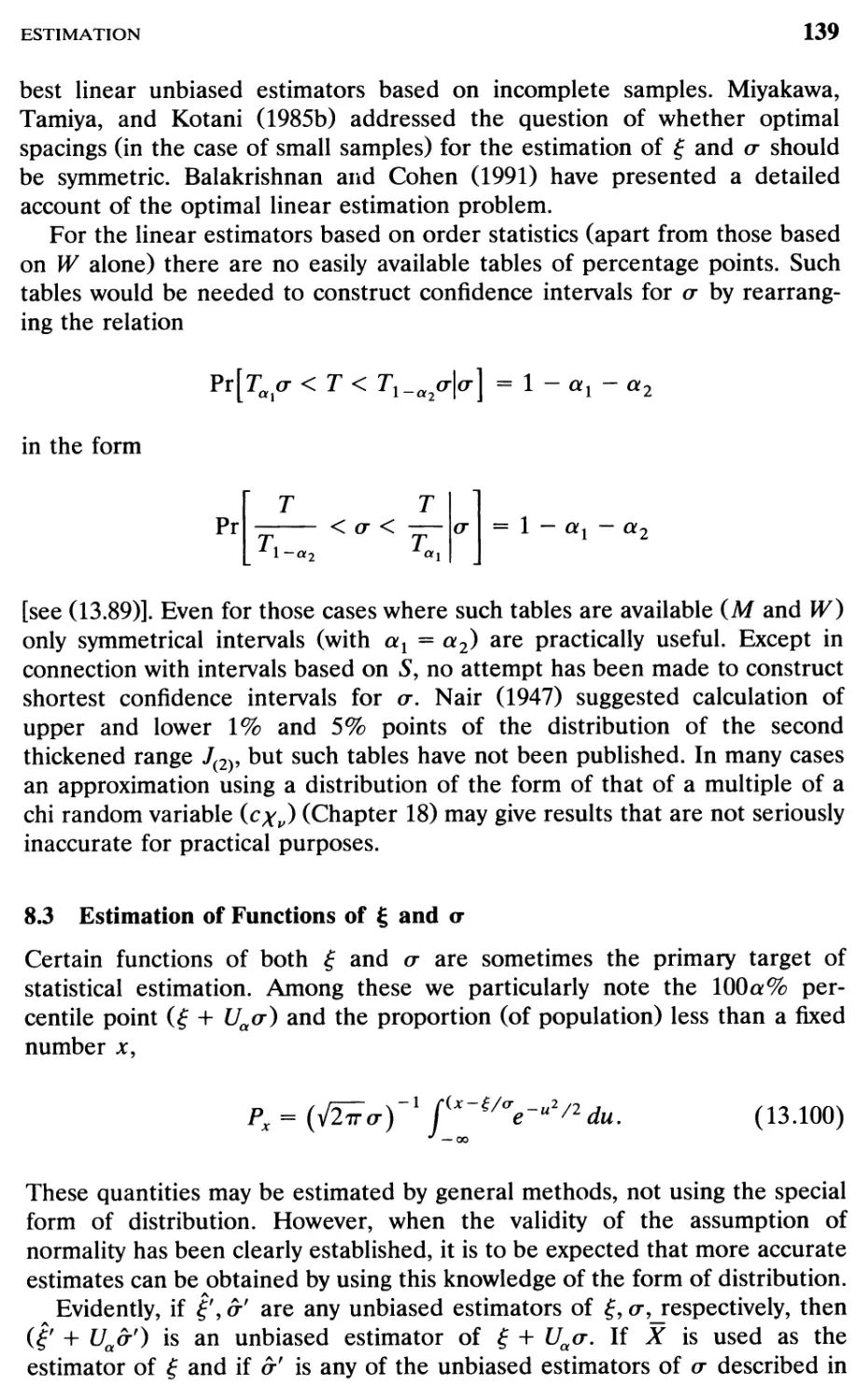 8.3 Estimation of Functions of ? and a, 139