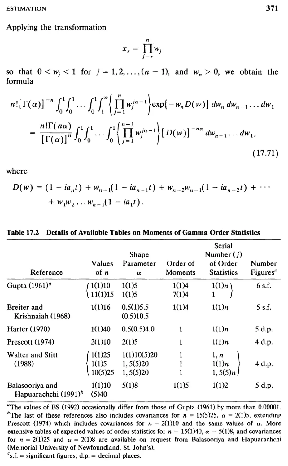 TABLE 17.2 Details of available tables on moments of gamma order statistics 371