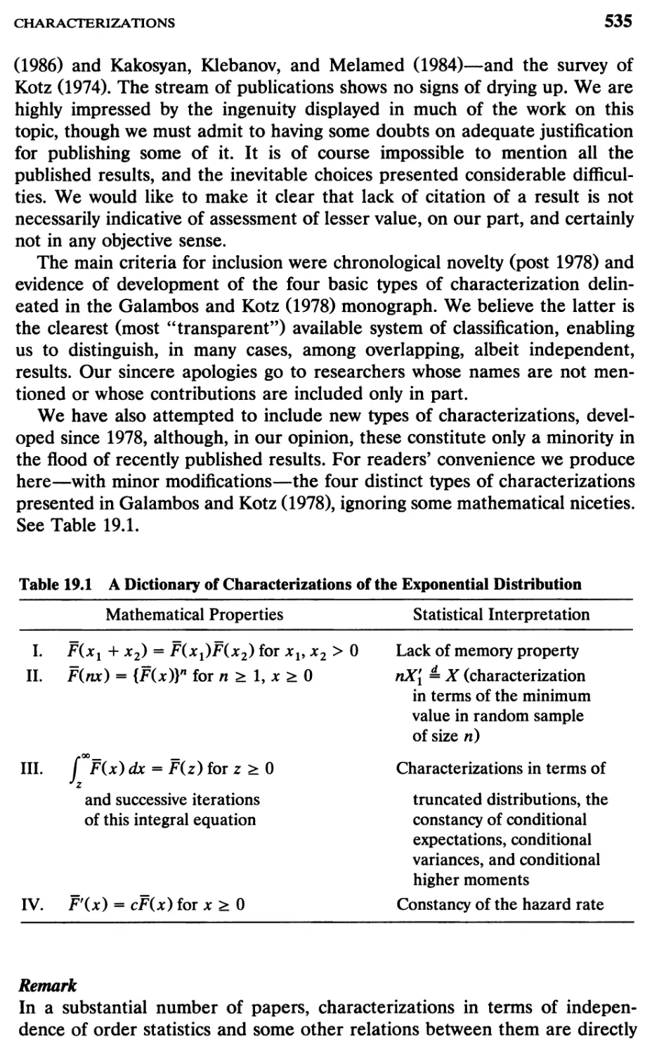TABLE 19.1 A dictionary of characterizations of the exponentialdistribution 535