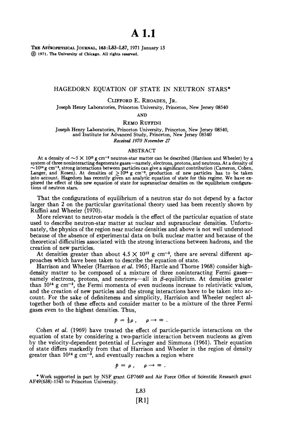 Appendix 1.1 Hagedorn Equation of State in Neutron Stars / C. Rhoades and R. Ruffini