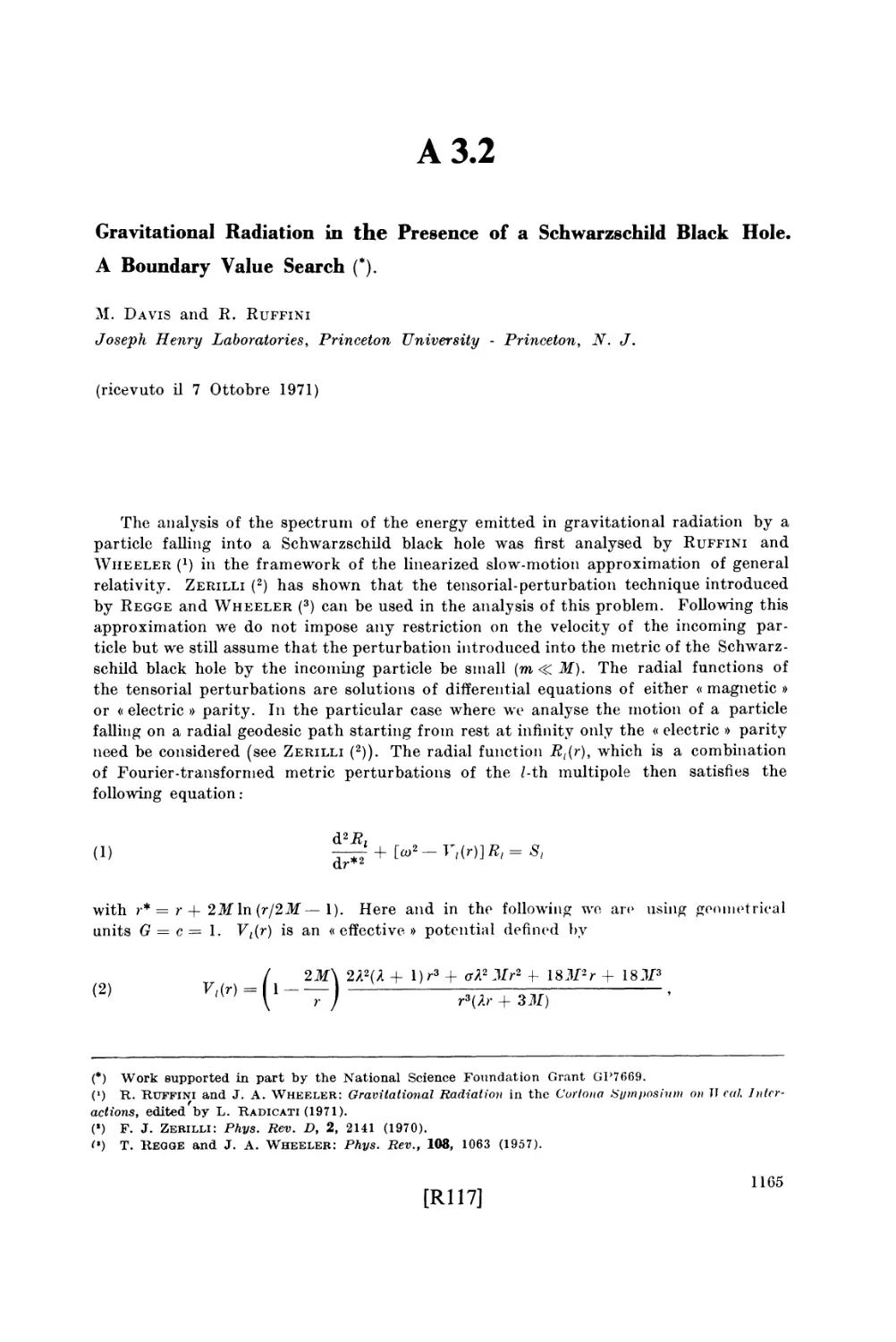 Appendix 3.2 Gravitational Radiation in the Presence of a Schwarzschild Black Hole. A Boundary Value Search / M. Davis and R. Ruffini
