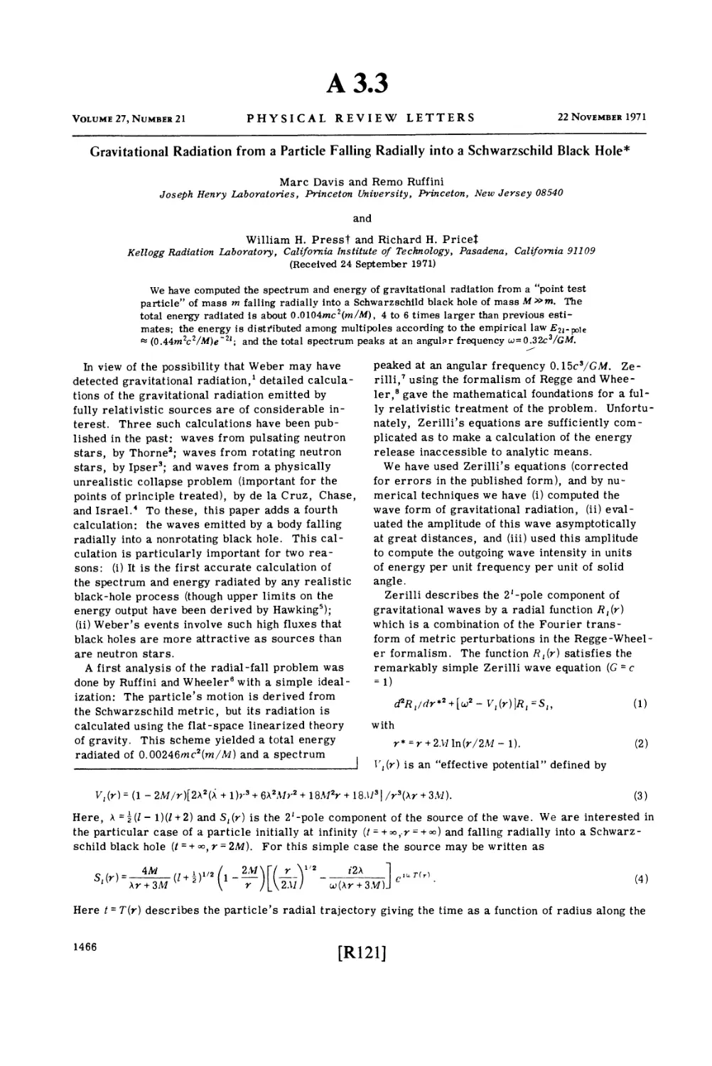 Appendix 3.3 Gravitational Radiation from a Particle Falling Radially into a Schwarzschild Black Hole / M. Davis, R. Ruffini, W. Press and R. H. Price