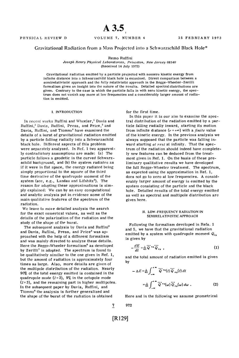 Appendix 3.5 Gravitation Radiation from a Mass Projected into a Schwarzschild Black Hole / R. Ruffini
