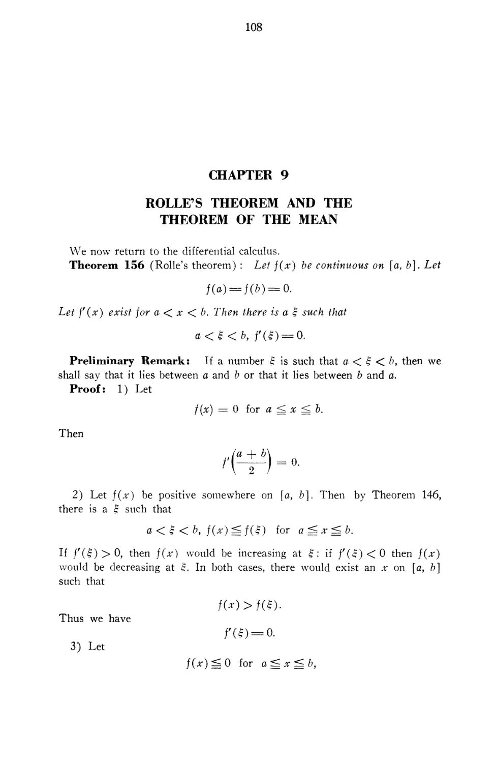 Chapter 9 Rolle's Theorem and the Theorem of the Mean