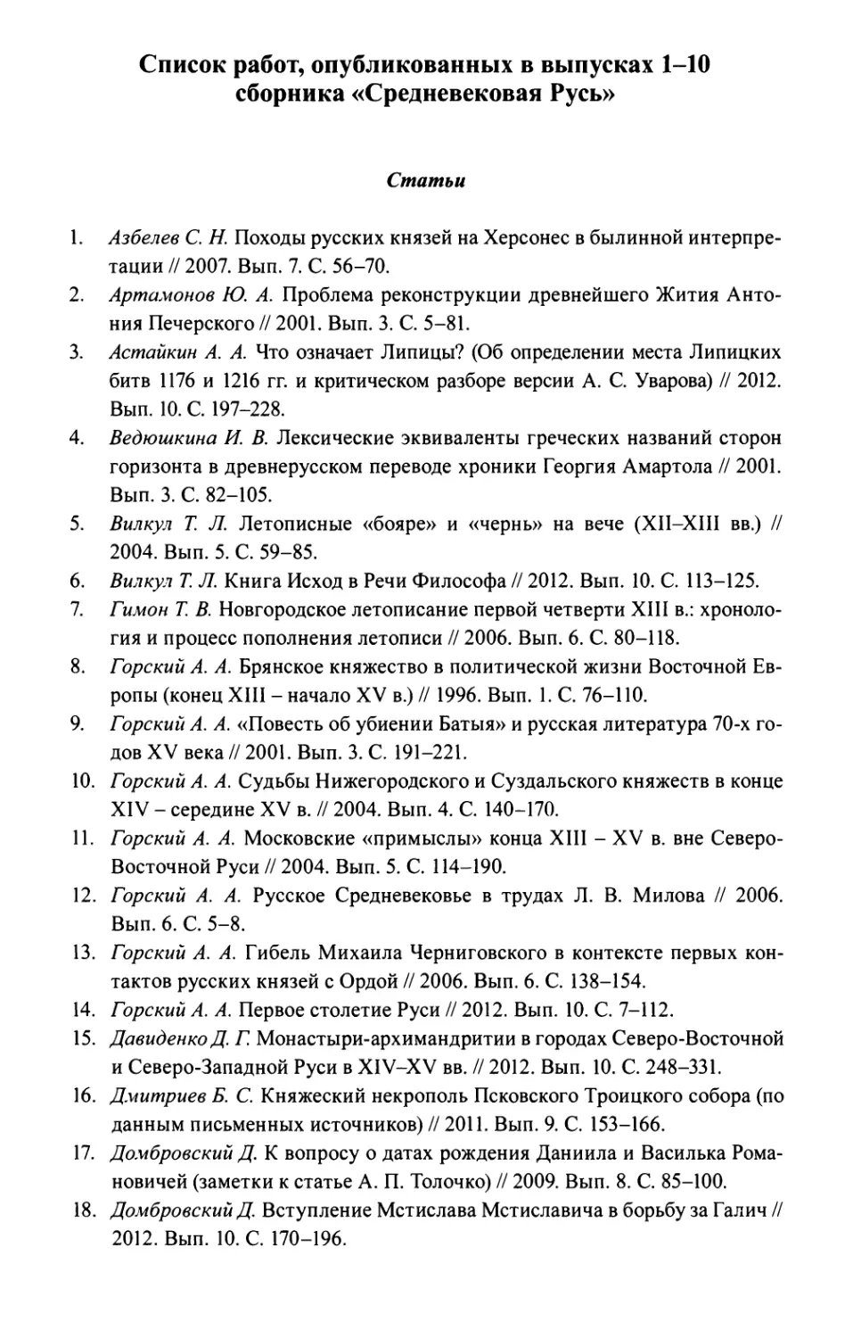 Список статей, опубликованных в выпусках 1–10, сборника «Средневековая Русь»