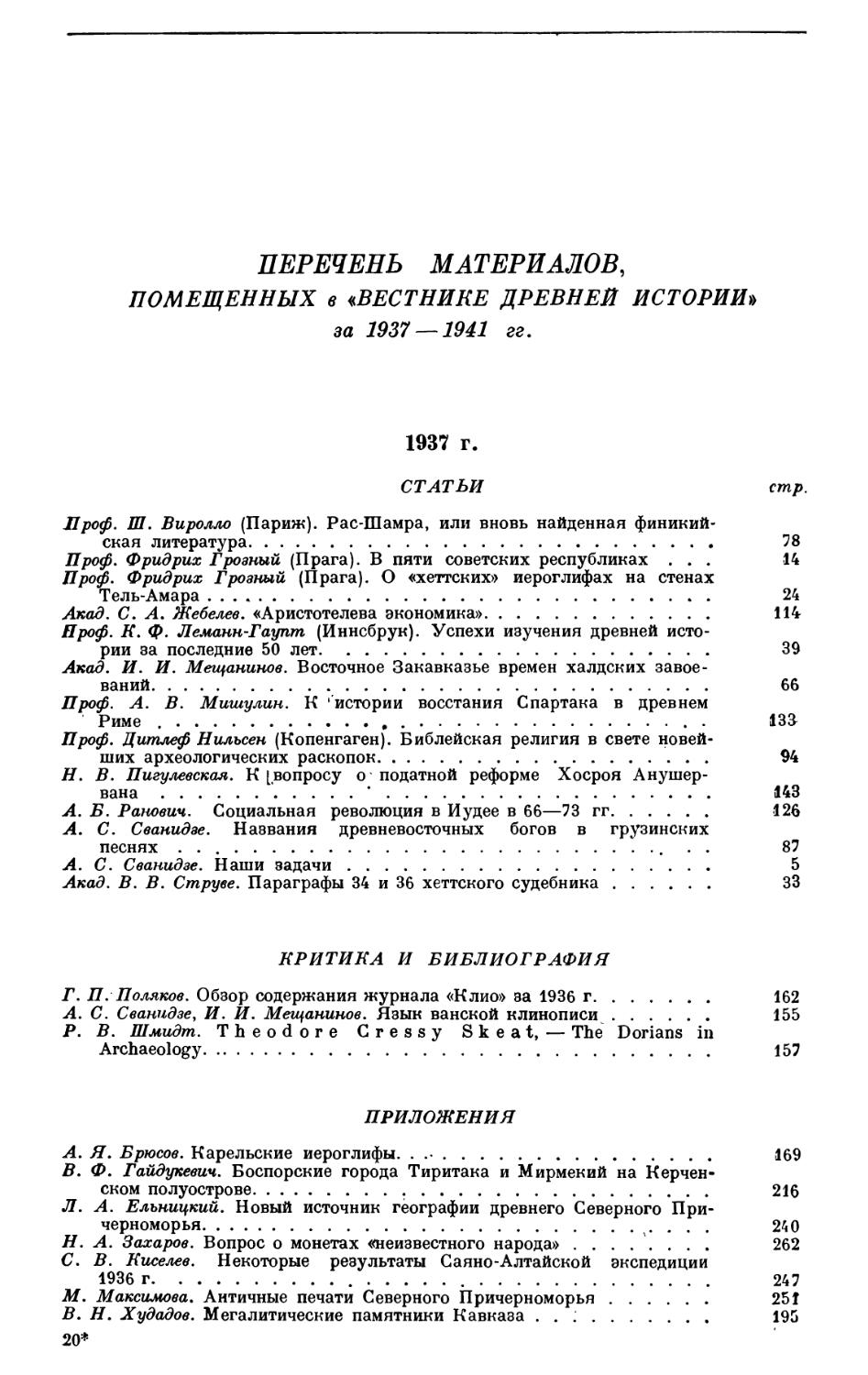 Перечень материалов, помещенных в «ВДИ» за 1937—1941 гг