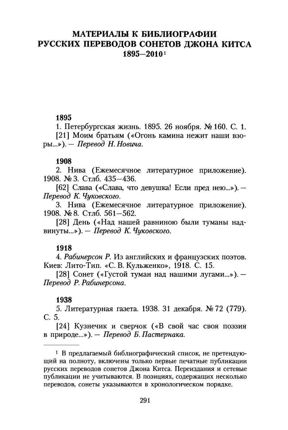 Материалы к библиографии русских переводов сонетов Джона Китса. 1895-2010