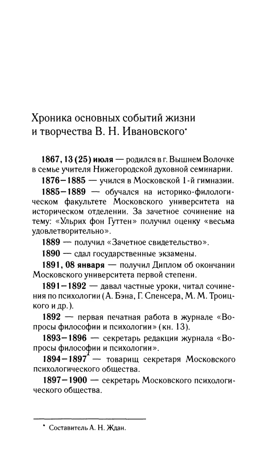 Хроника основных событий жизни и творчества В.Н. Ивановского