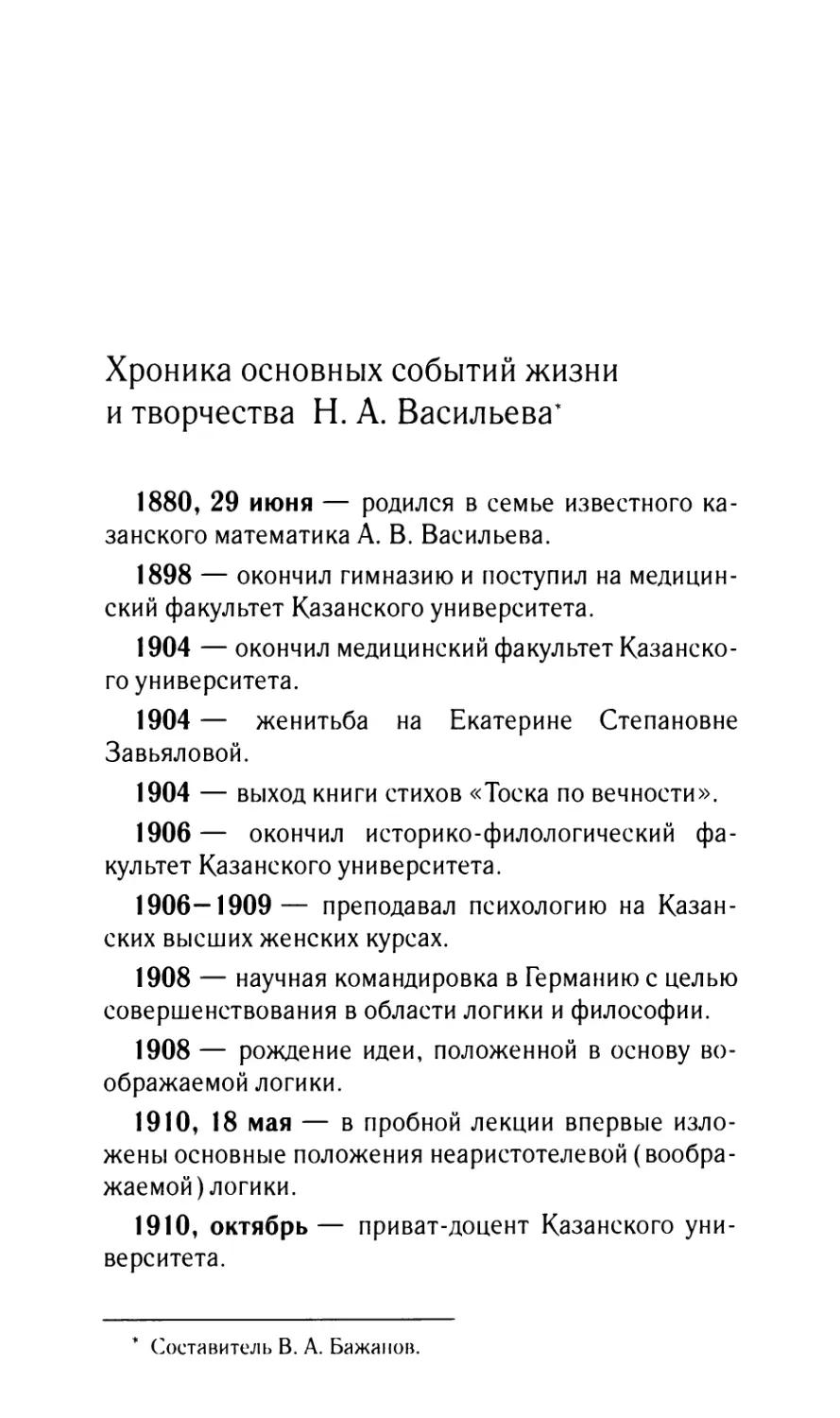 Хроника основных событий жизни и творчества H.A. Васильева