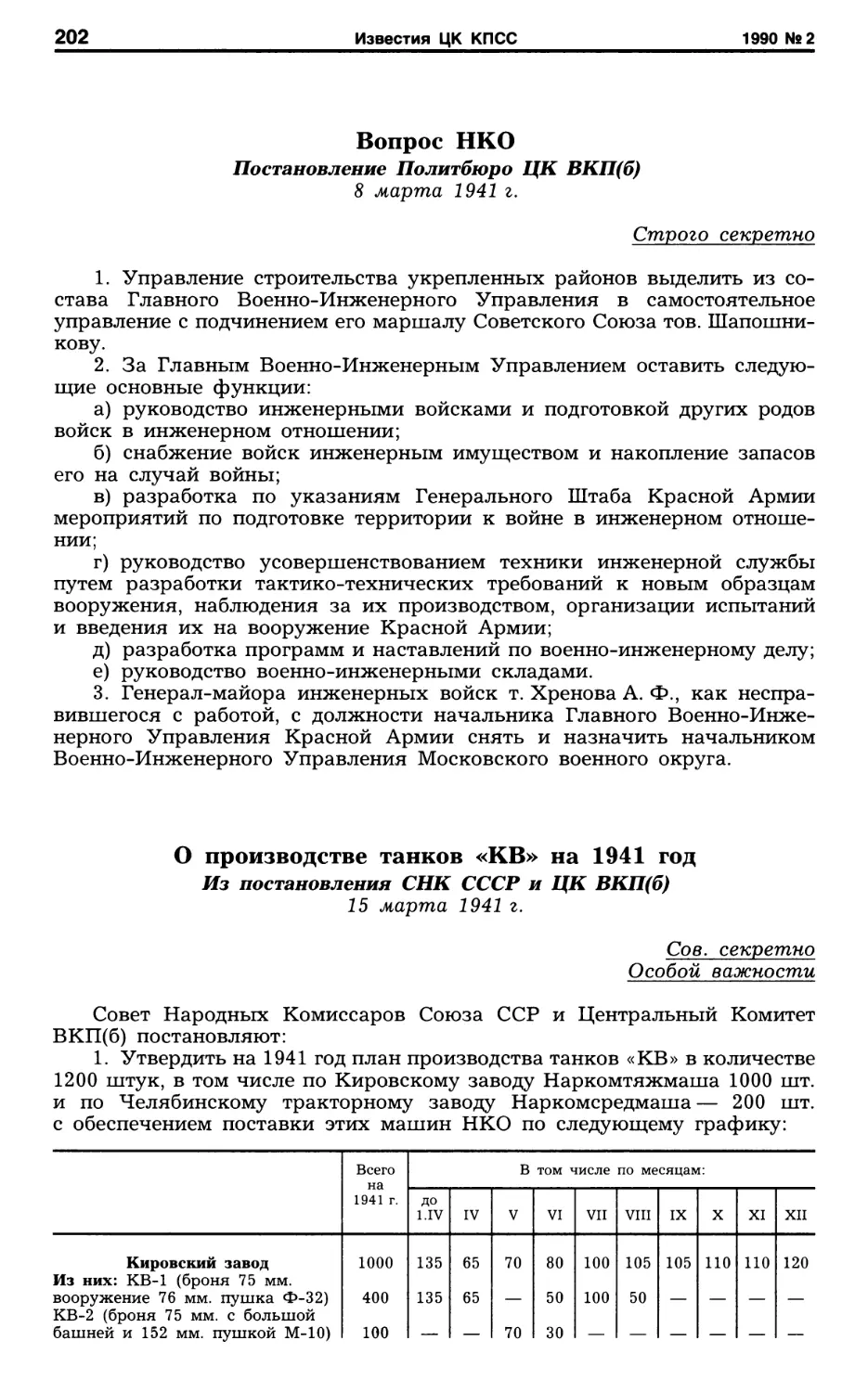 Вопрос НКО. 8 марта 1941 г
О производстве танков «КВ» на 1941 год. 15 марта 1941 г