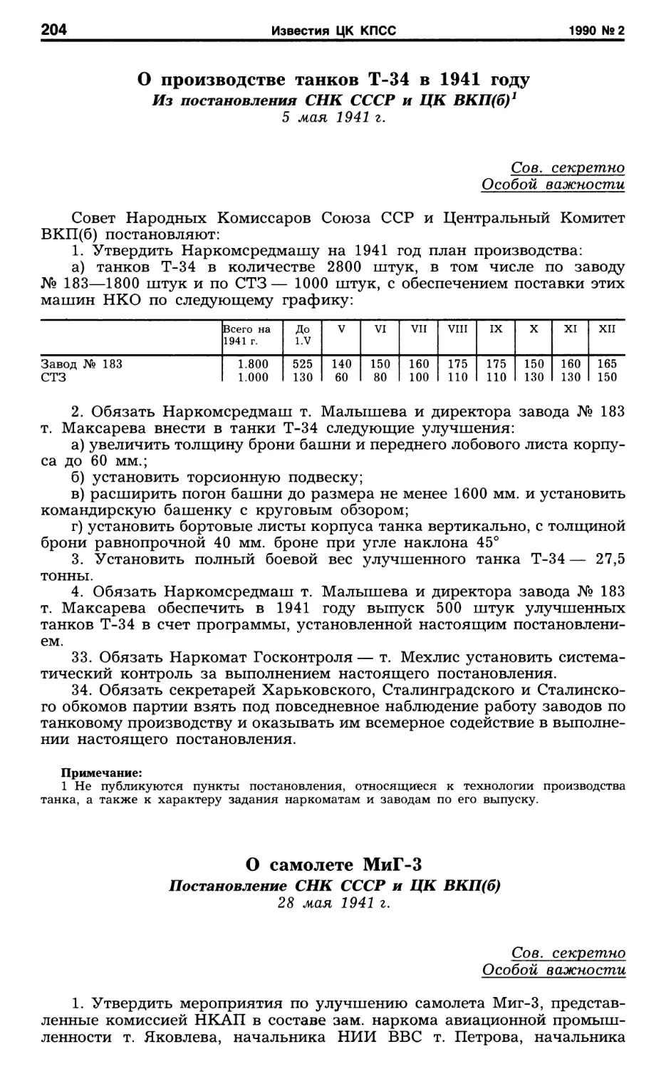 О производстве танков Т-34 в 1941 году. 5 мая 1941 г
О самолете МиГ-3. 28 мая 1941 г