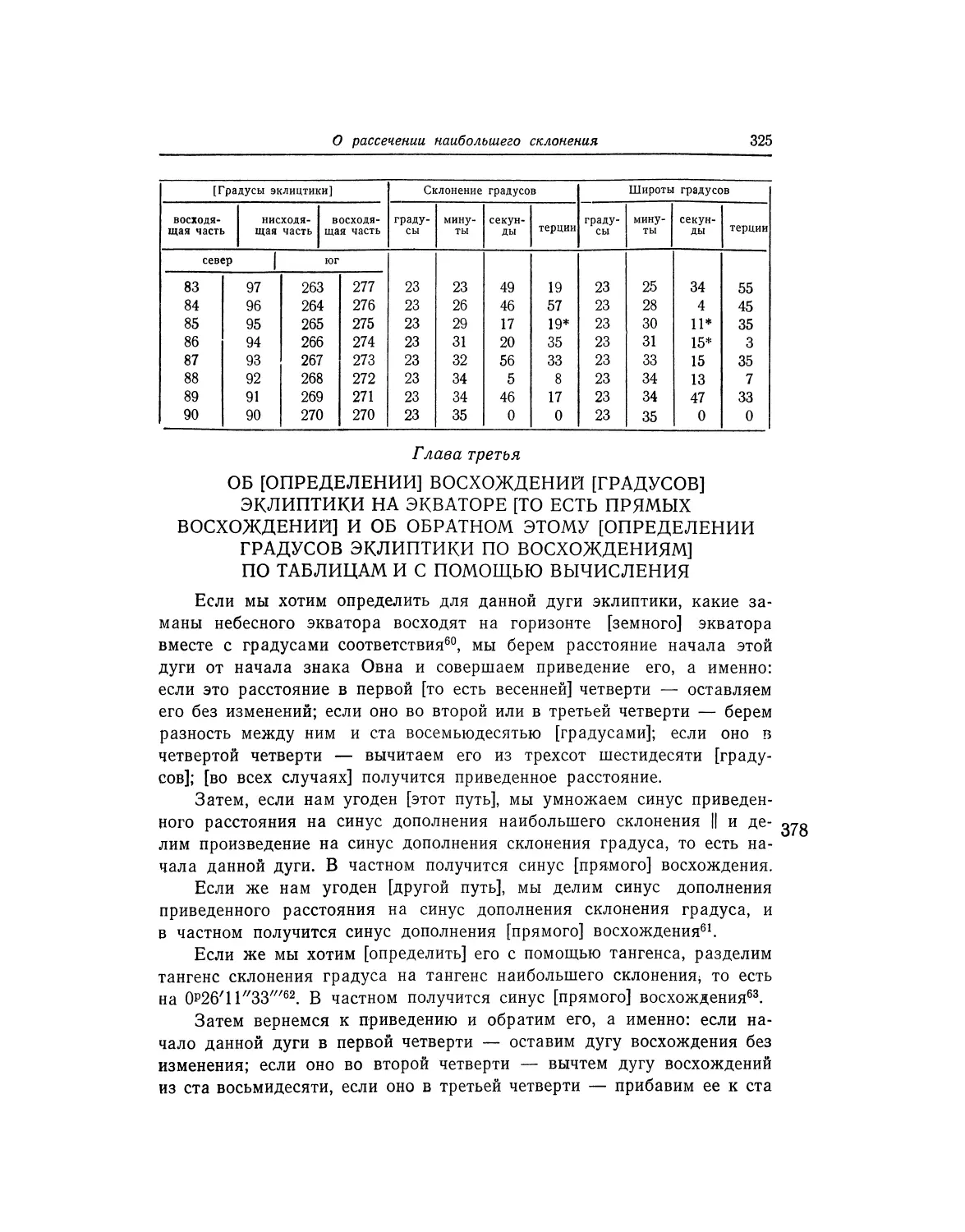 Глава третья. Об [определении] восхождений [градусов] эклиптики на экваторе, [то есть прямых восхождений], и об обратном этому [определении градусов эклиптики по восхождениям] по таблицам с помощью вычисления