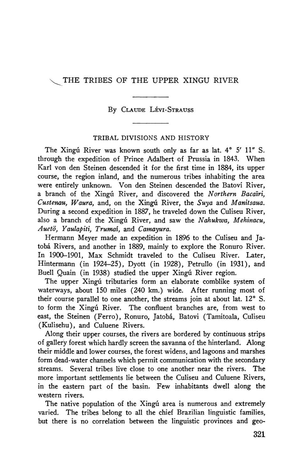 Tribes of the upper Xingú River, by Claud-Lévi-Strauss