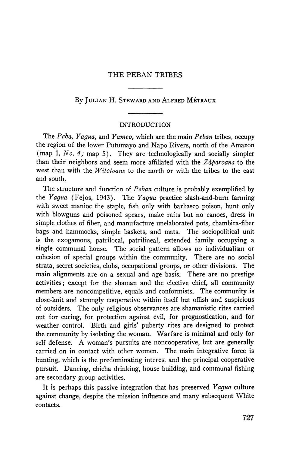 The Peban tribes, by Julian H. Steward and Alfred Métraux
Tribal divisions and history