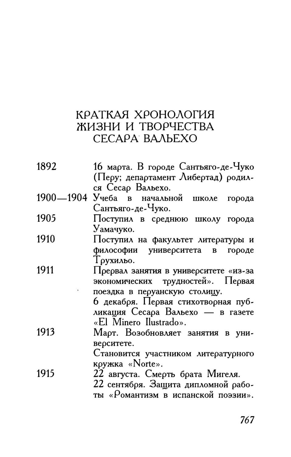 Краткая хронология жизни и творчества Сесара Вальехо