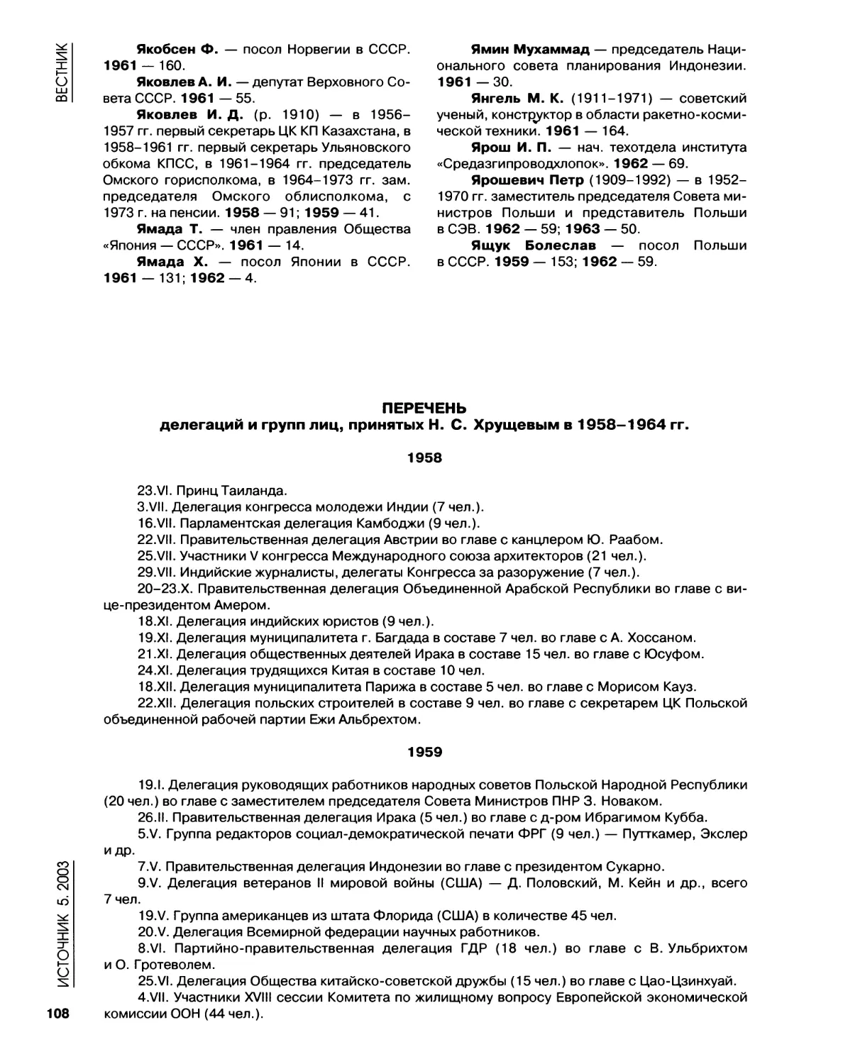 Перечень делегаций и групп лиц, принятых Н.С.Хрущевым в 1958-I964 гг.