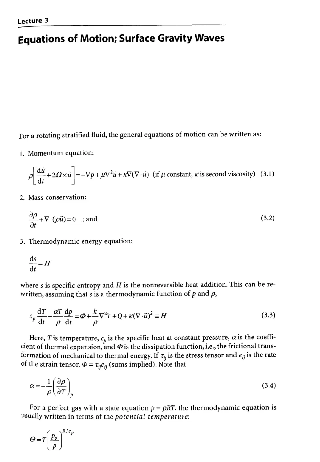 Lecture 3 Equations of Motion; Surface Gravity Waves