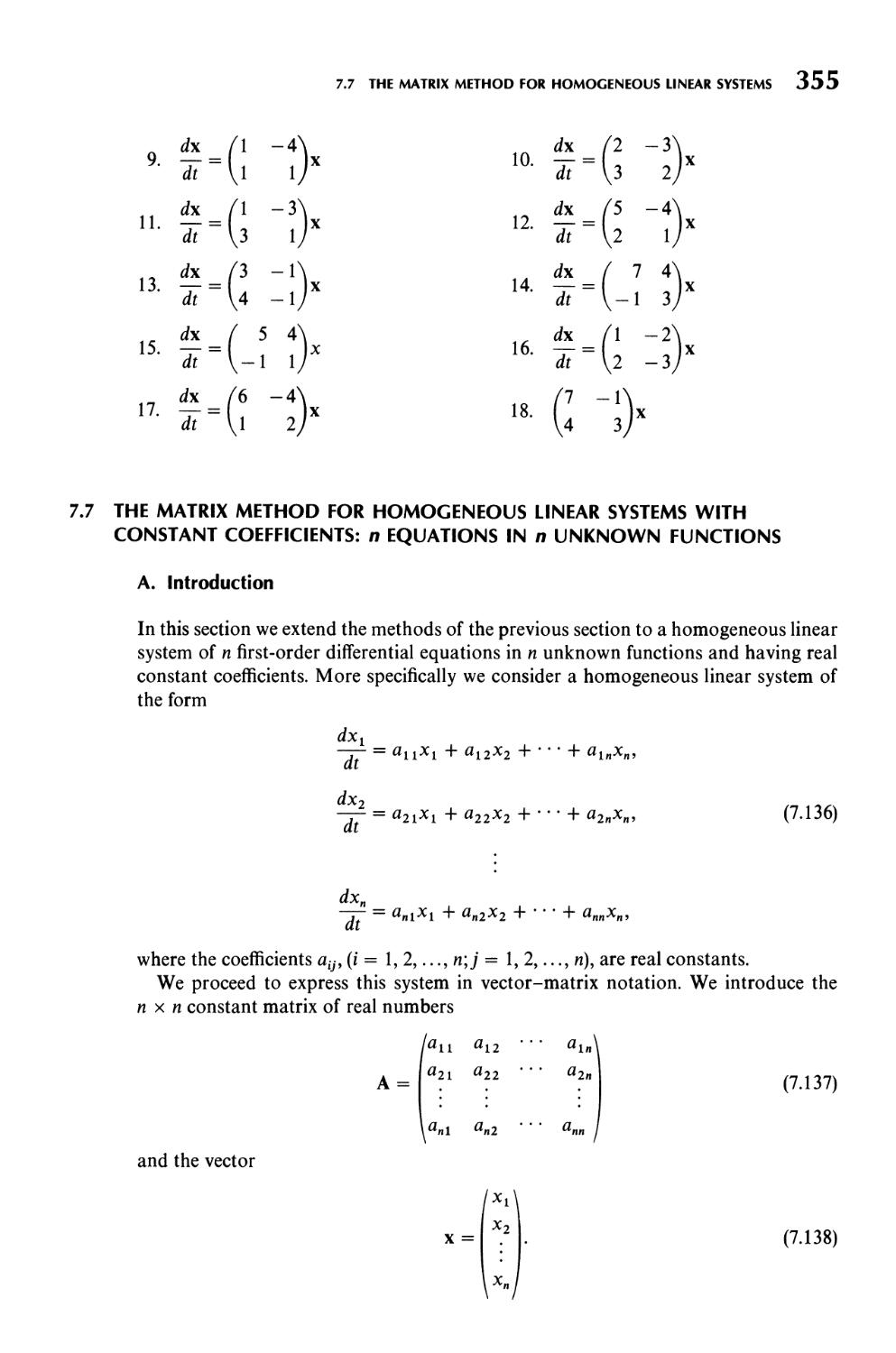 7.7  The Matrix Method for Homogeneous Linear Systems with Constant Coefficients