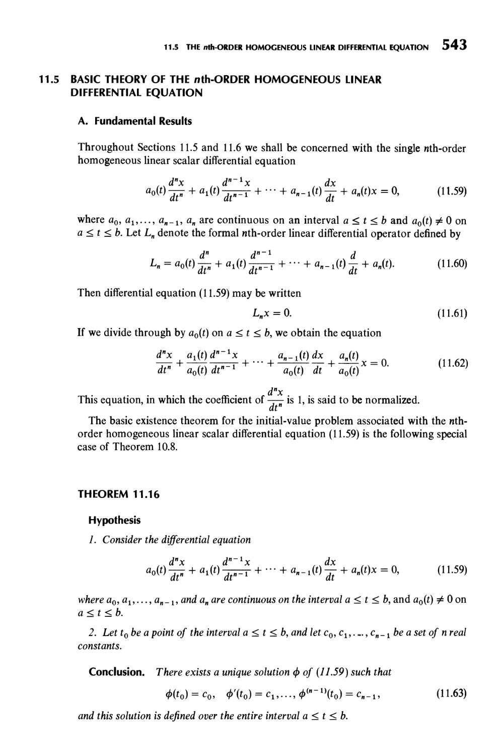 11.5  Basic Theory of the nth-Order Homogeneous Linear Differential Equation