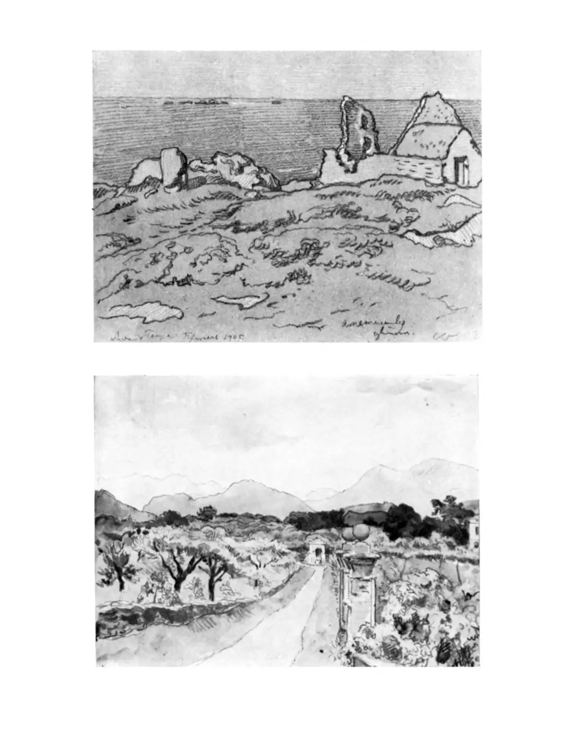 Примель. Берег. Рисунок А. Н. Бенуа; Лугано. Дорога к часовне Жилярди. Акварель А.Н. Бенуа